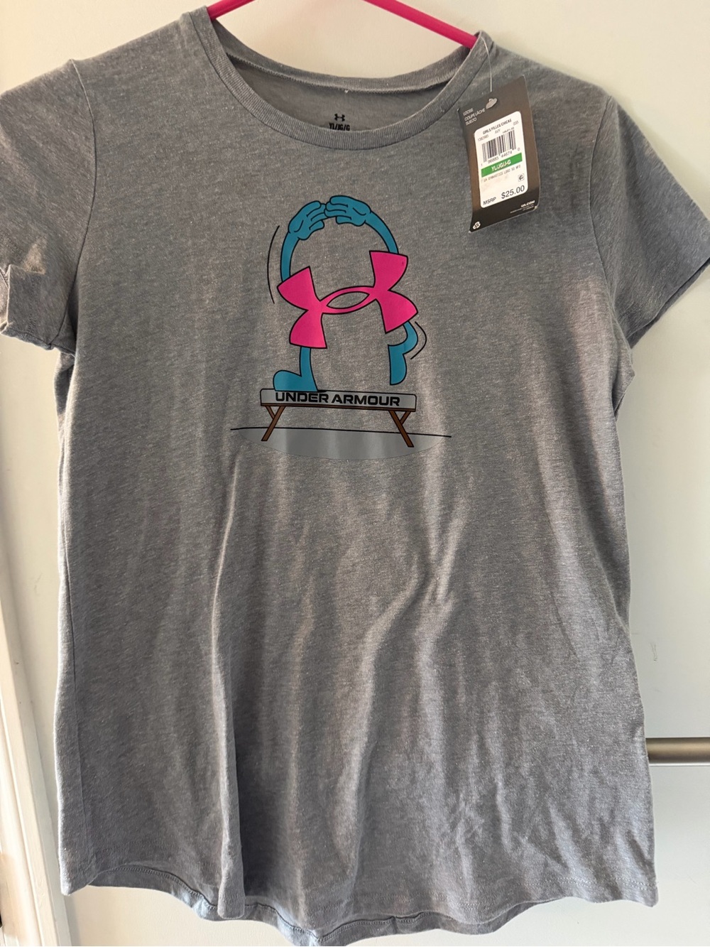 Under Armour Gray Tee with Pink Logo and Teal Graphic
